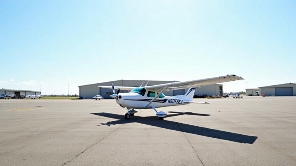 Small airplane parked near a runway and hangar under a clear blue sky.